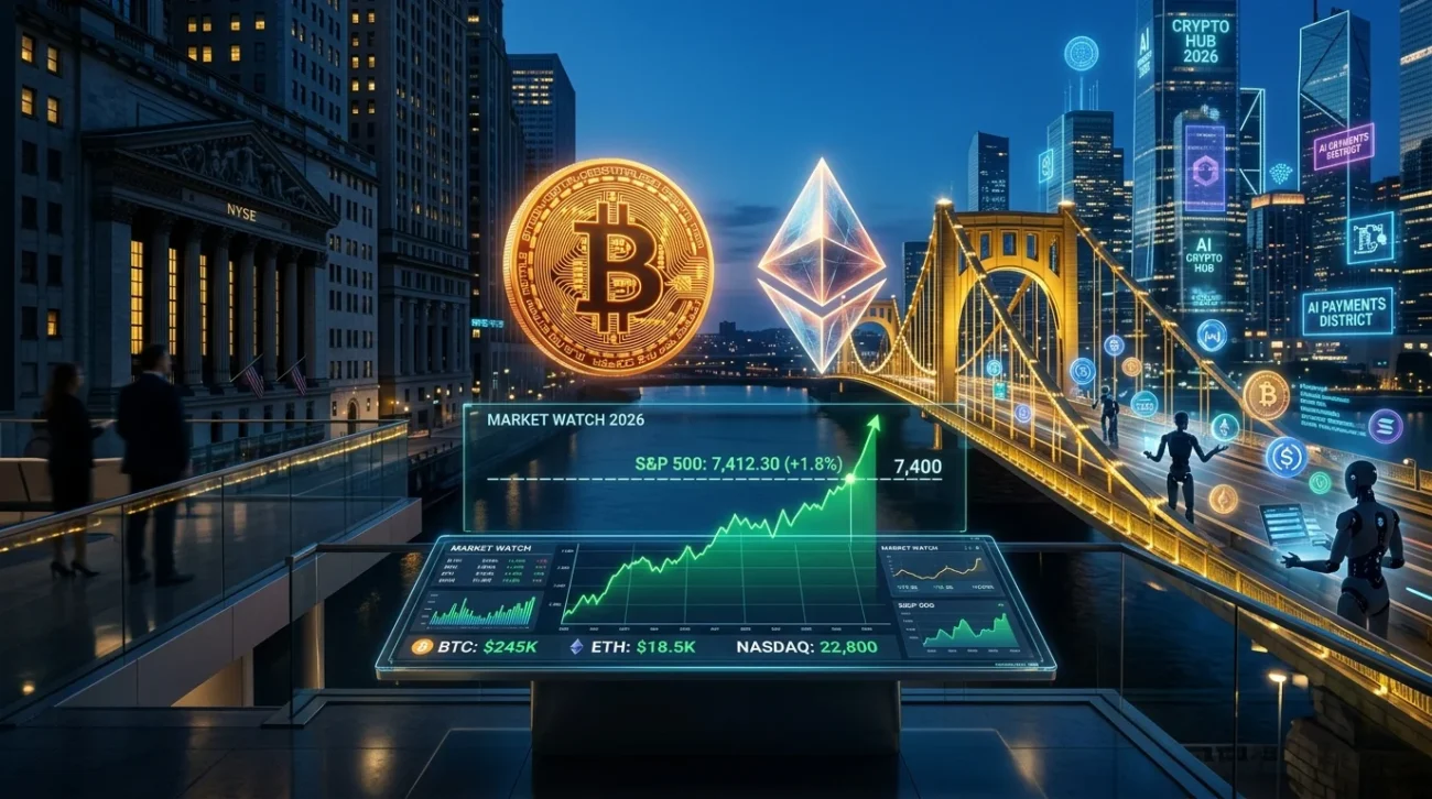 Conceptual visualization of Bitcoin hitting $250,000 and Ethereum tokenization in 2026, featuring S&P 500 at 7,400 and AI agents using crypto as internet money.